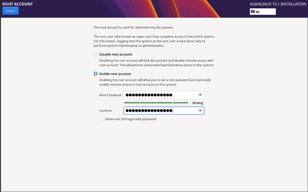 Set root password Set root password and create user