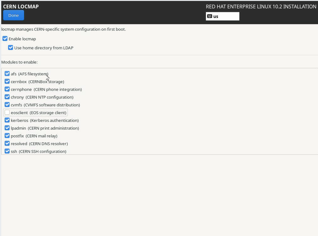Enable locmap - AFS, EOS, .. can be enabled here Enable CERN locmap