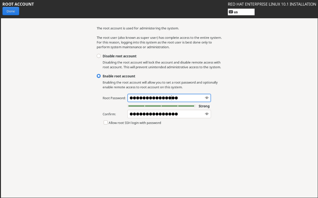 Set root password and create user